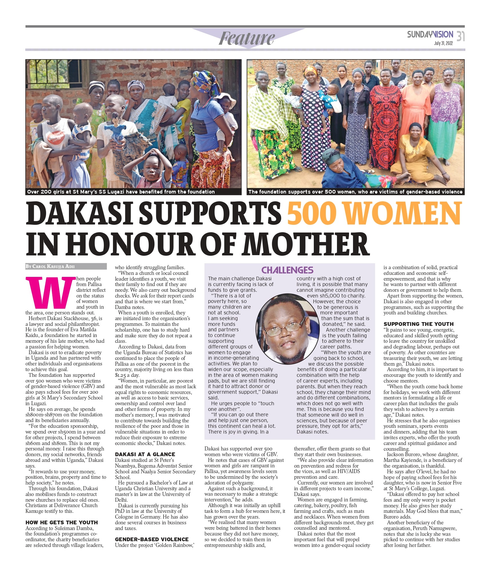 Newspaper feature Dakasi supports 500 women in honour of mother
